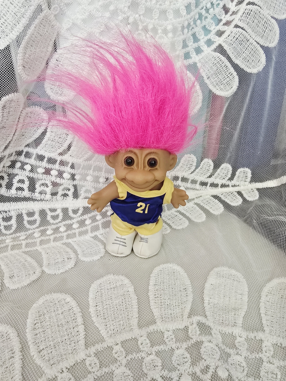 Russ Troll Doll with Hot Pink Hair and Yellow & Blue Outfit